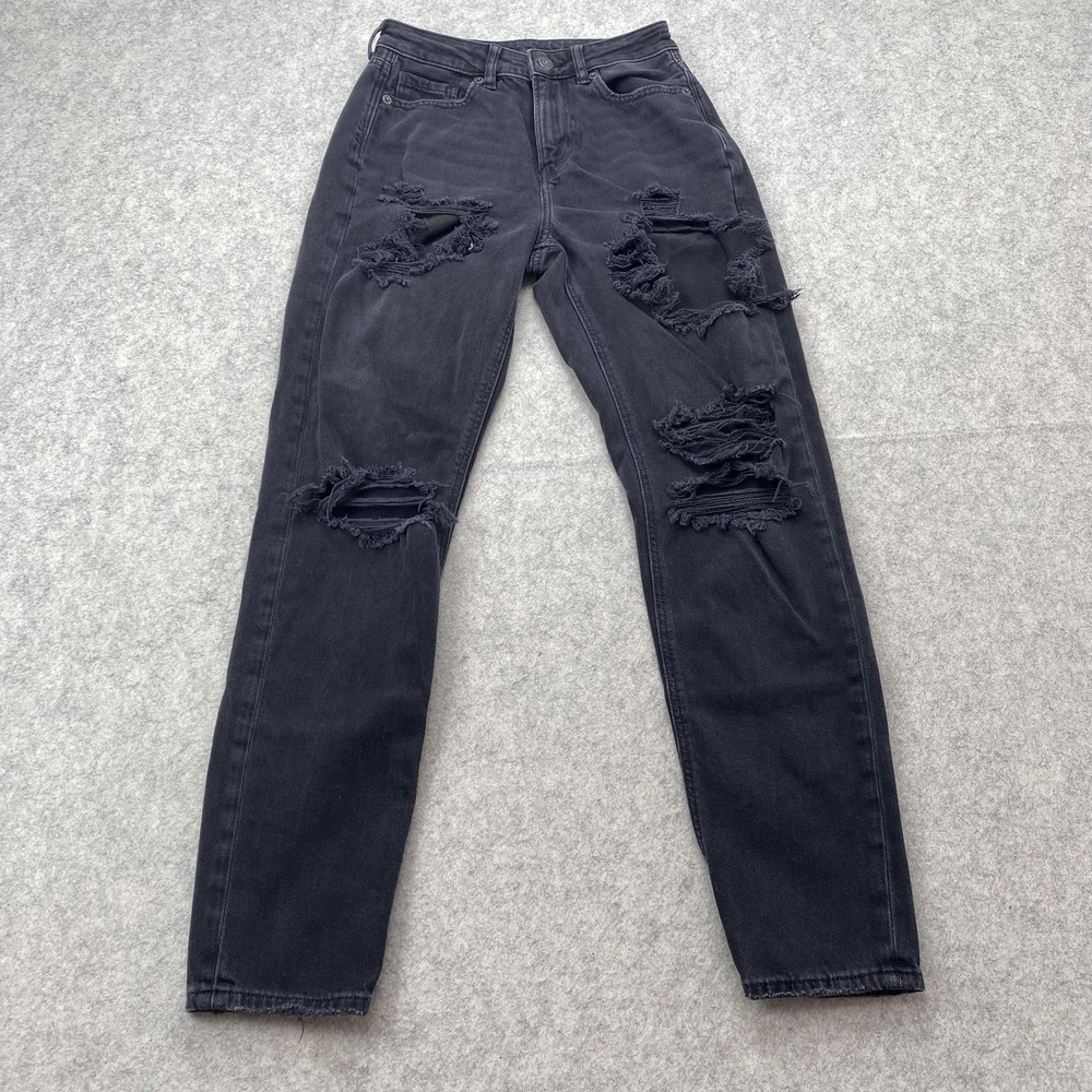 American Eagle Outfitters Mom Jeans Womens 00 (23x26) Black High Rise Distressed